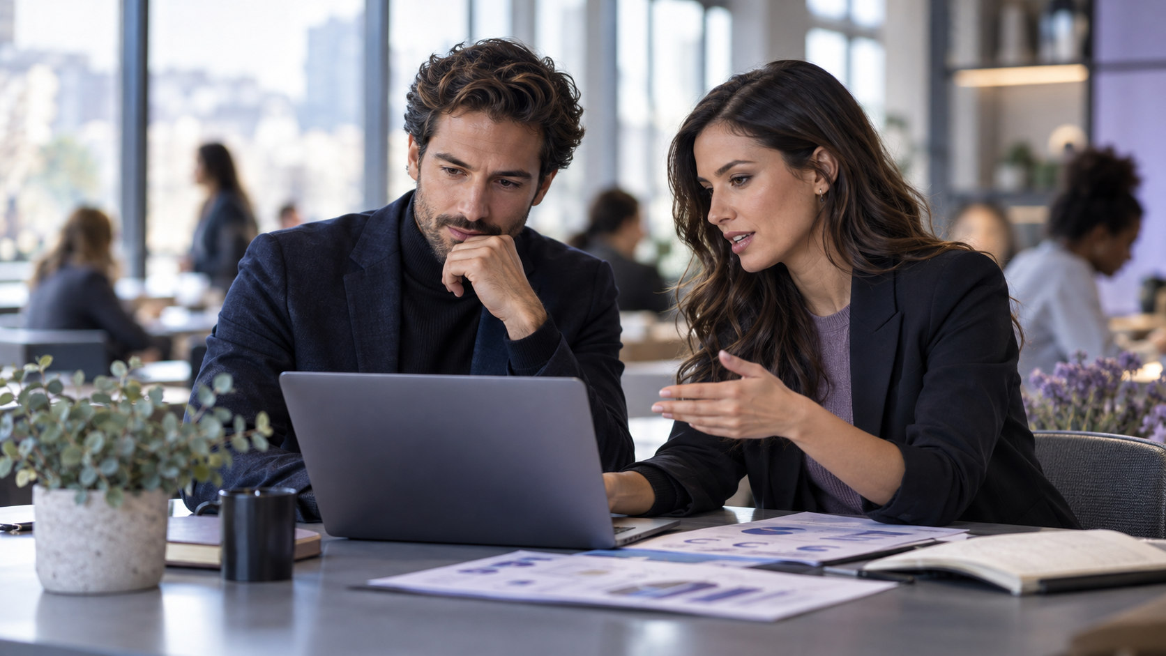 Profesionales analizan información empresarial en un portátil