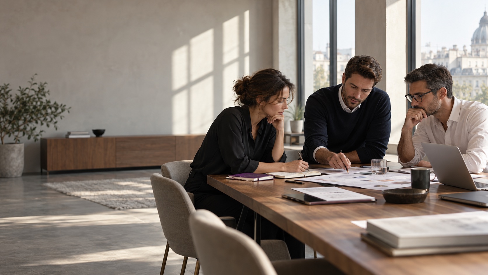 Tres profesionales analizan documentos y toman decisiones alrededor de una mesa de trabajo
